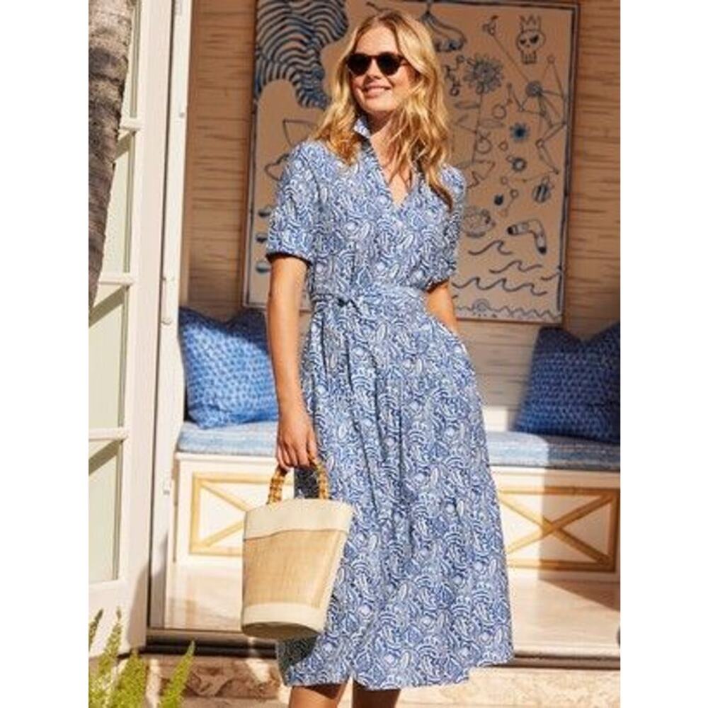 J.Mclaughlin Janelle Midi Shirt Dress Small Blue Floral Batik Print Silk Cotton